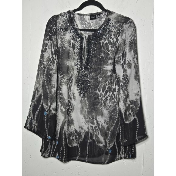 Black Saks Fifth Avenue Womens Printed Keyhole Neck Tunic Blouse Size Medium - Picture 1 of 13